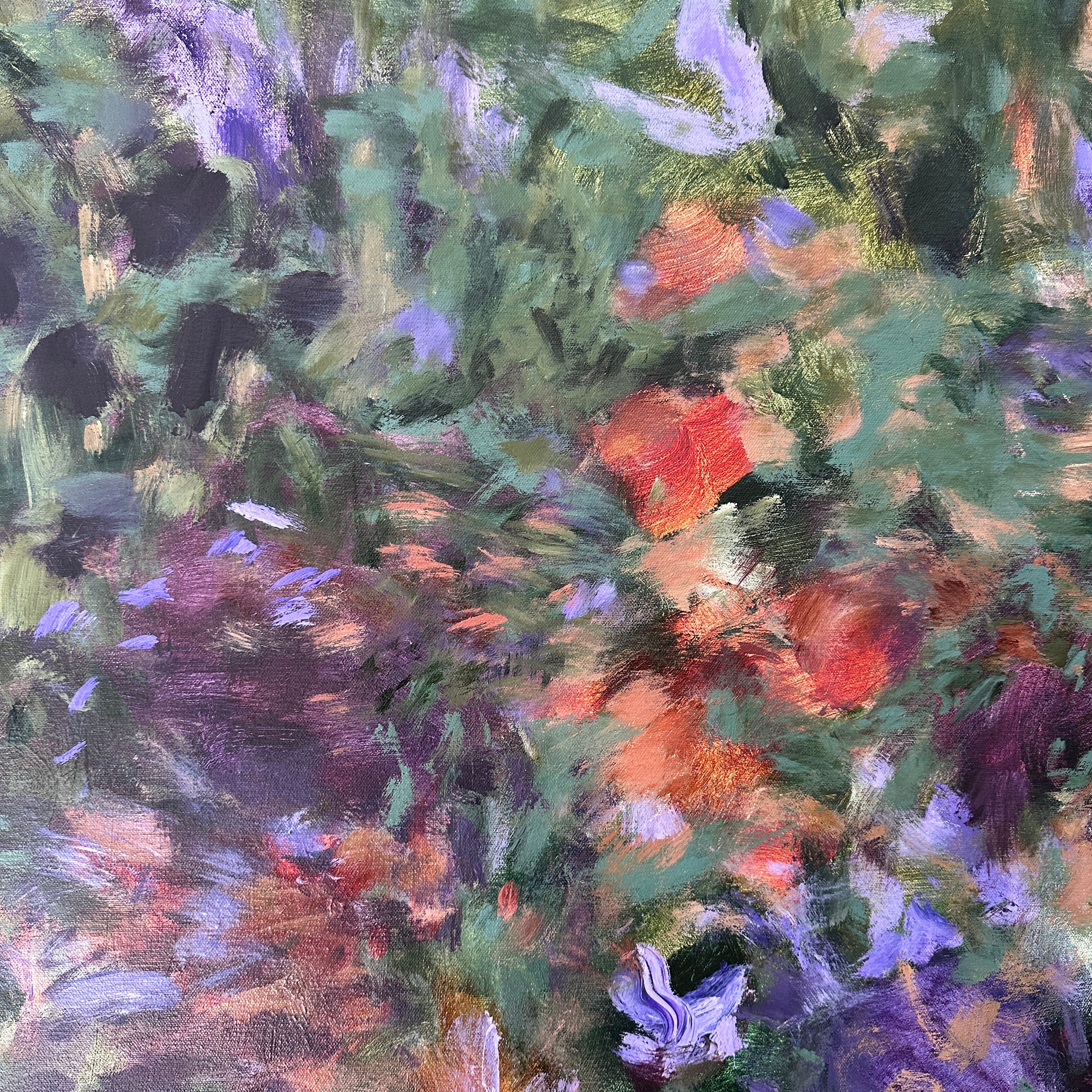 Abstract painting with a mix of red, green, and purple colors.