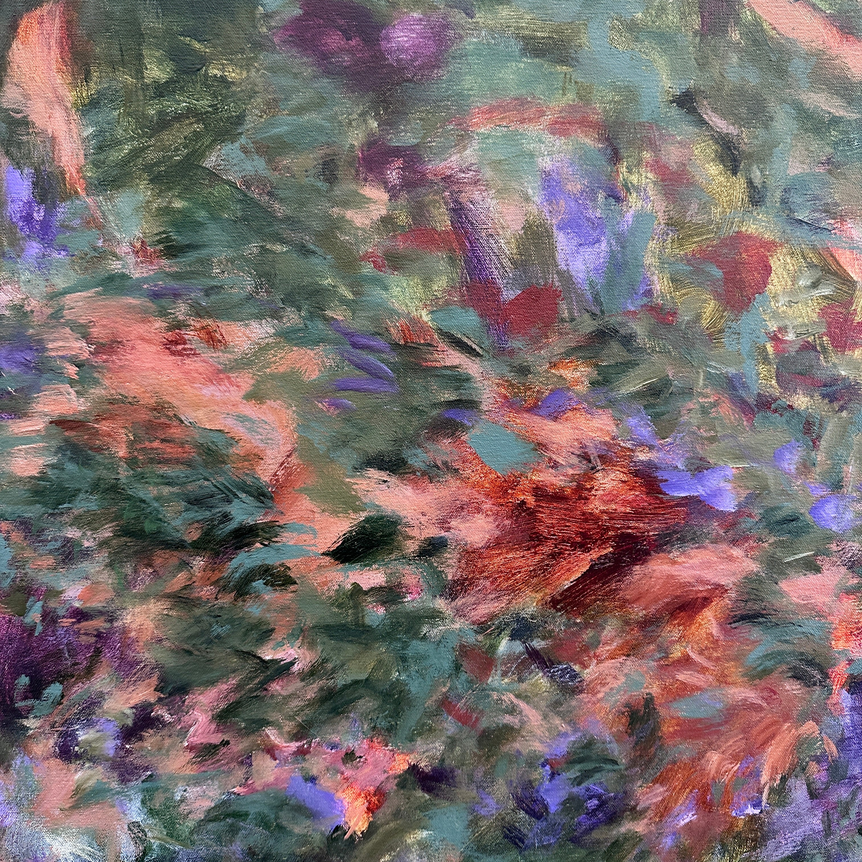 Abstract impressionist painting with expressive brushstrokes in green, brown, purple and terracotta tones.