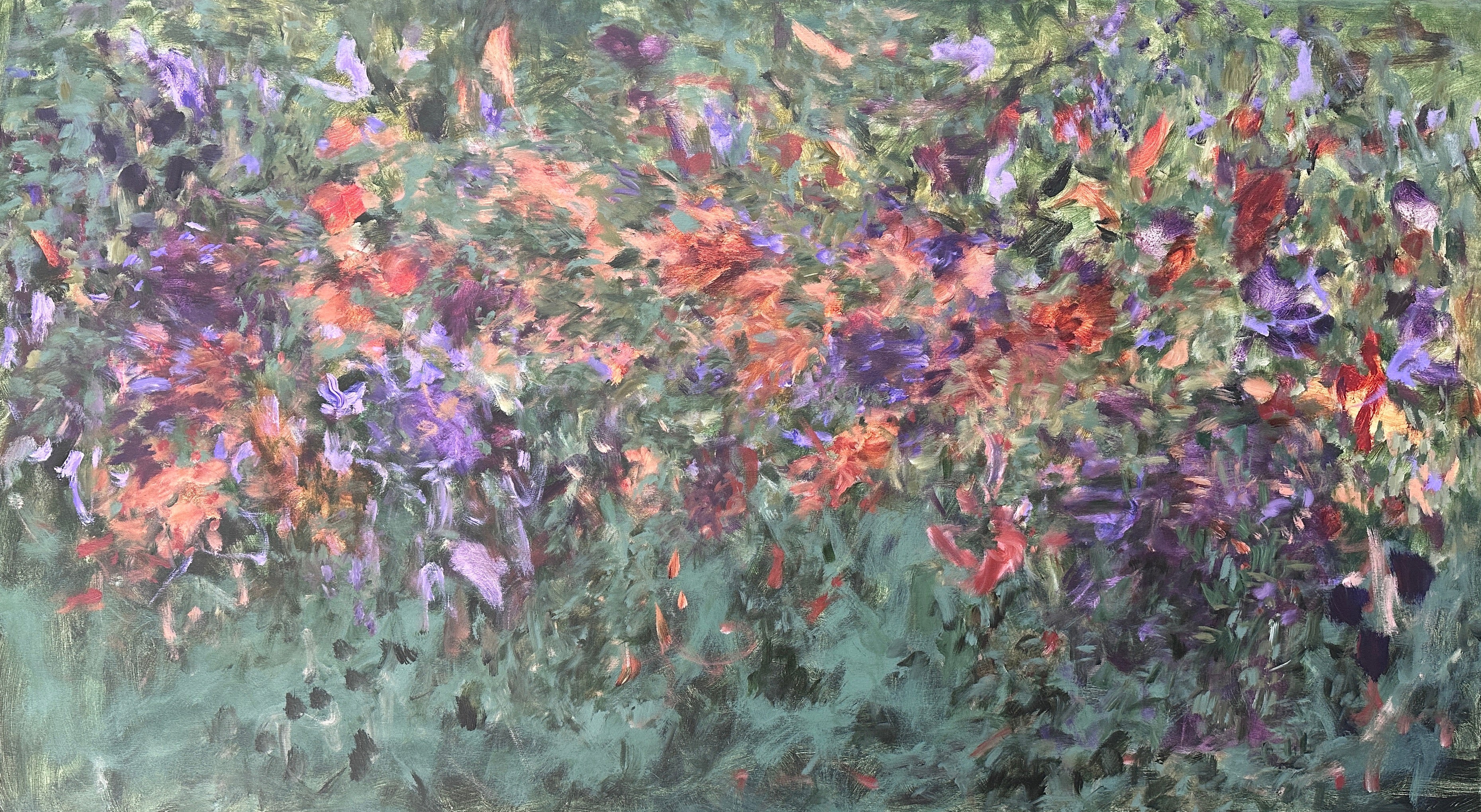 Abstract painting with a focus on expressive brushwork of vibrant flowers and greenery.