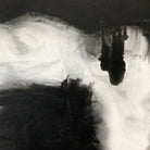Close-up detail of contemporary black and white abstract painting showing smoke effect 