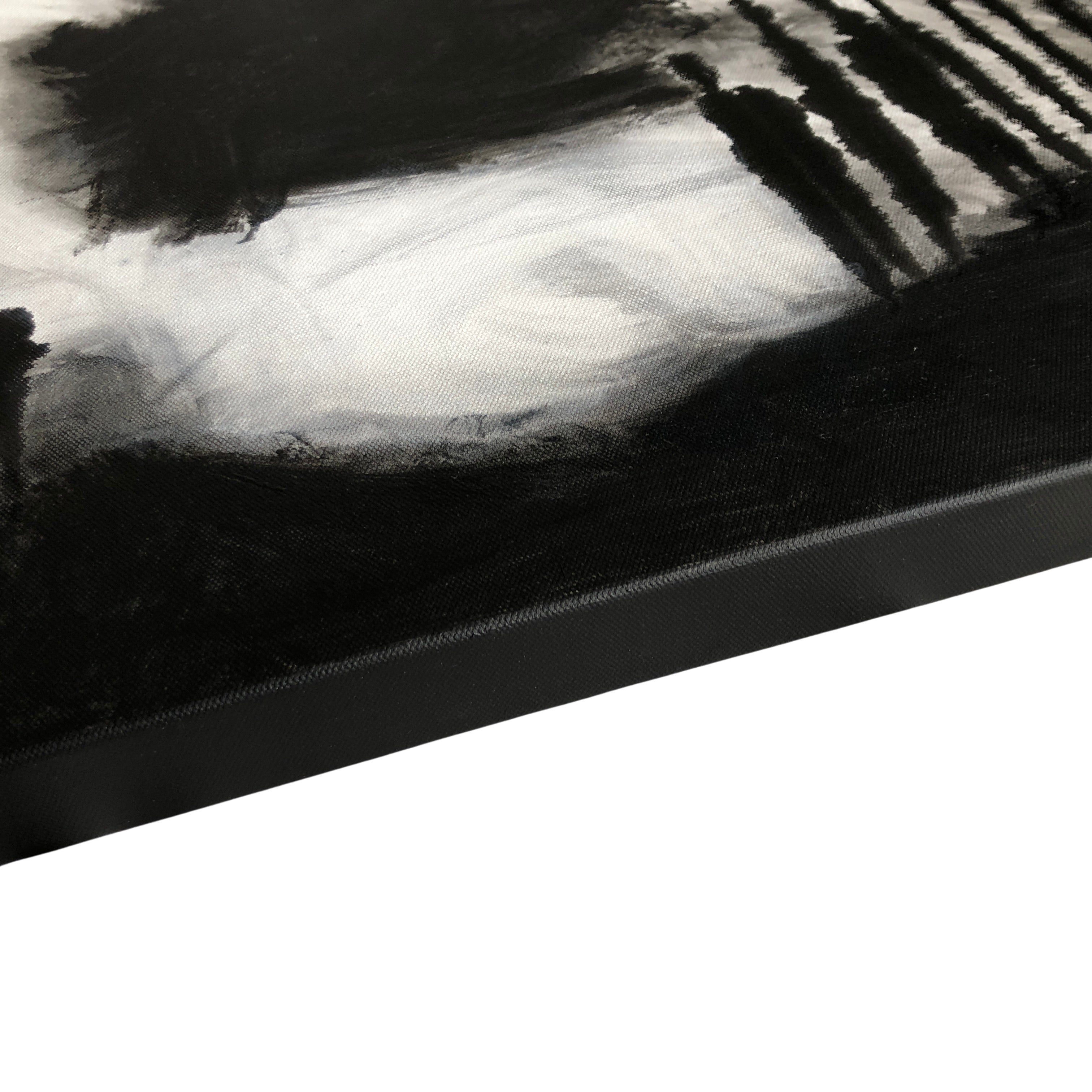 Contemporary abstract painting on canvas in black and white - close-up edge detail view