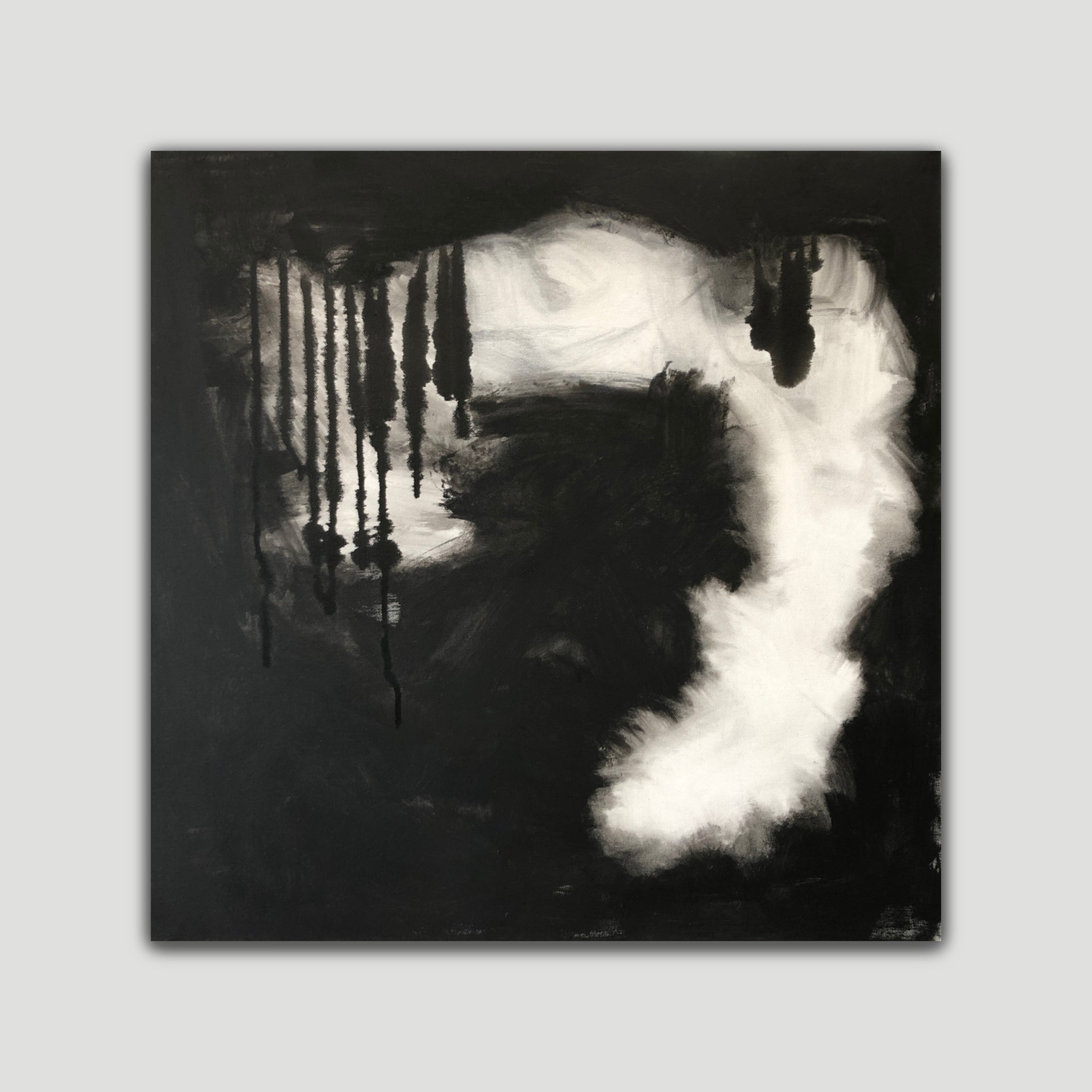 Moody ,contemporary abstract painting "The Dark Hours" in black and white featuring  hazy smoke effect -  front view