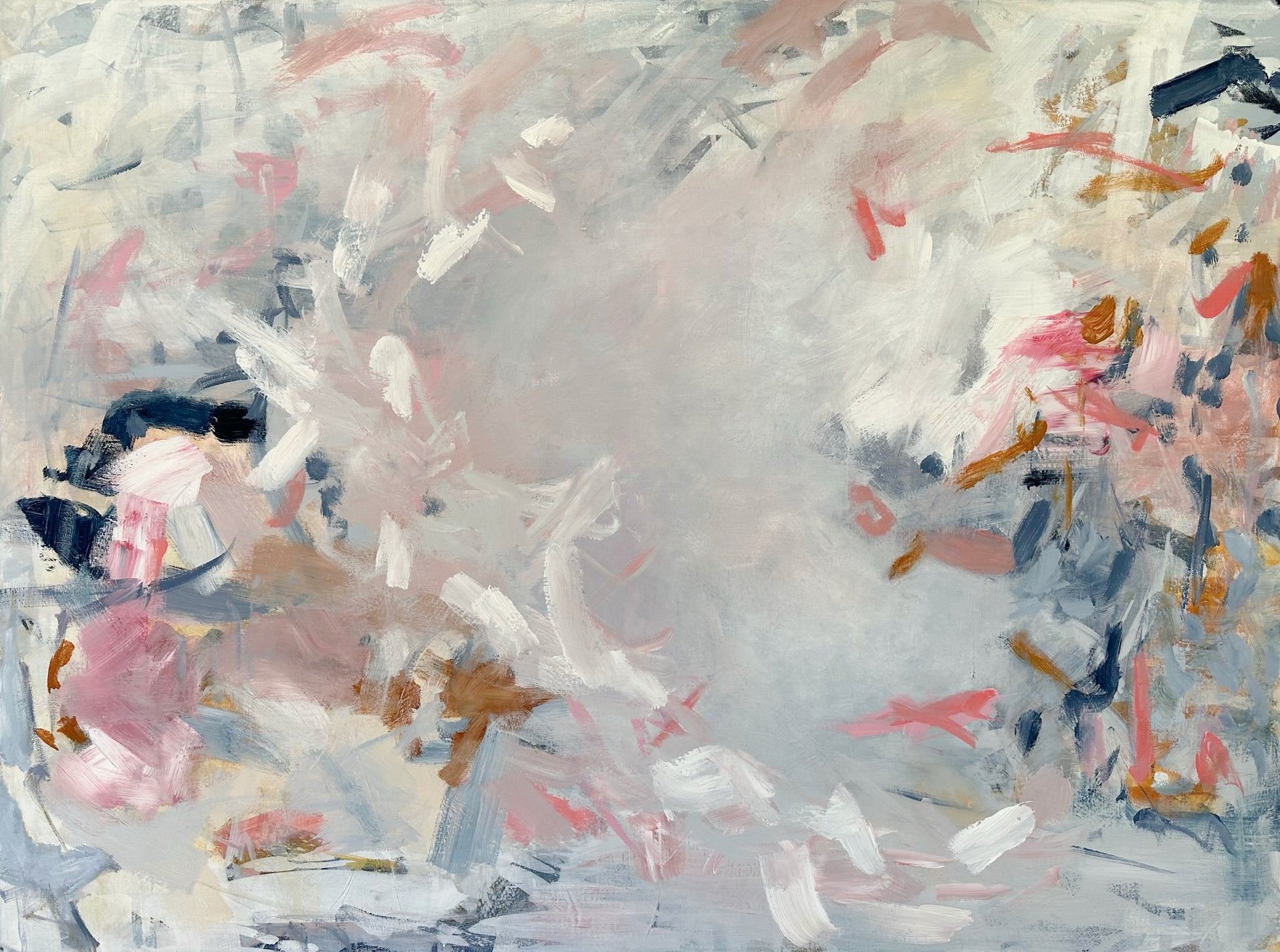 Soothing abstract expressionist painting in soft shades of blue, pink, white and grey - cropped front view