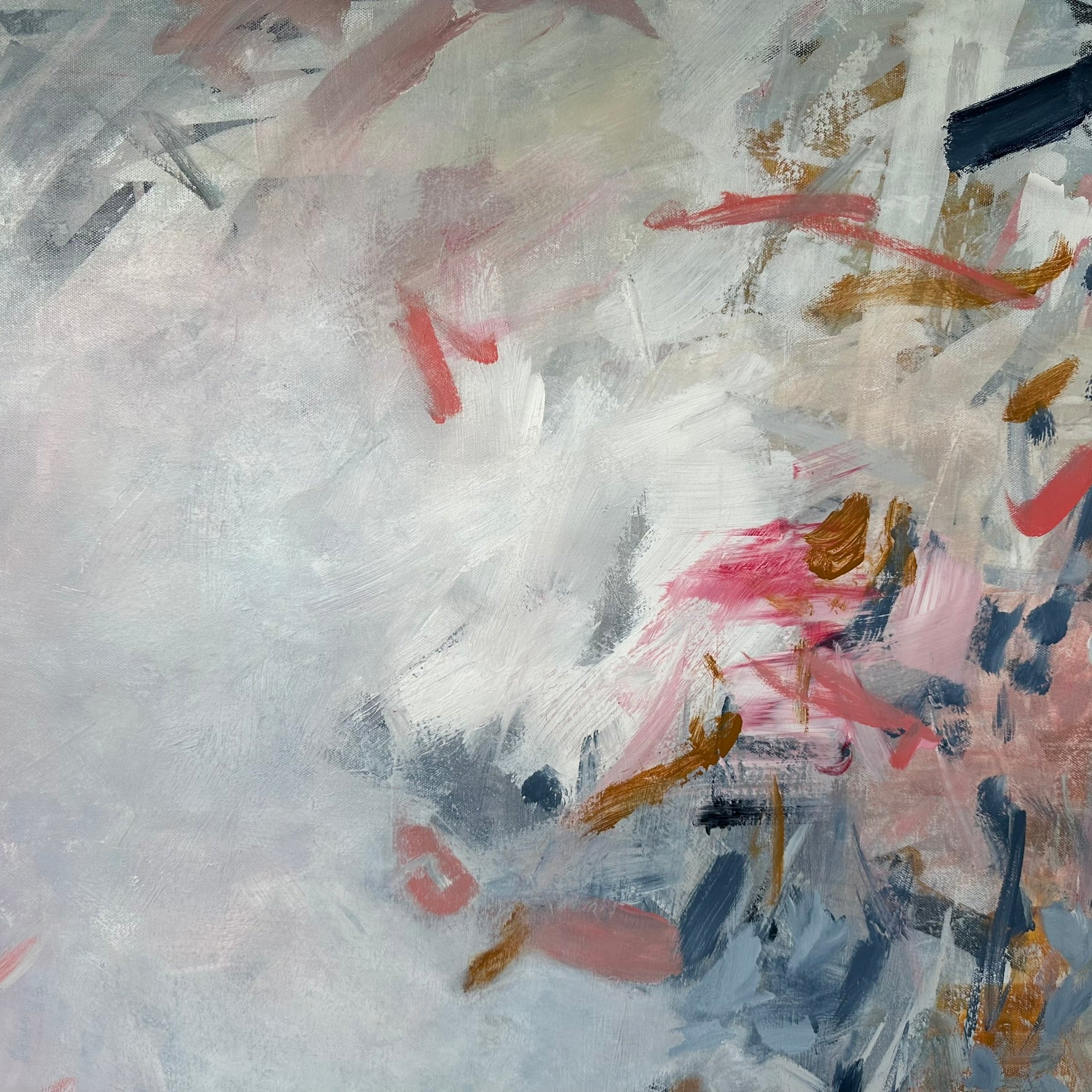 Close-up detail of expressive, gestural abstract painting on canvas in blue, pink, white, ochre and grey 