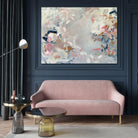 Abstract expressionist painting "The Enchanting" in blue, pink, grey and white hanging above lounge in a classic yet contemporary style interior space with a luxury feel - home interior