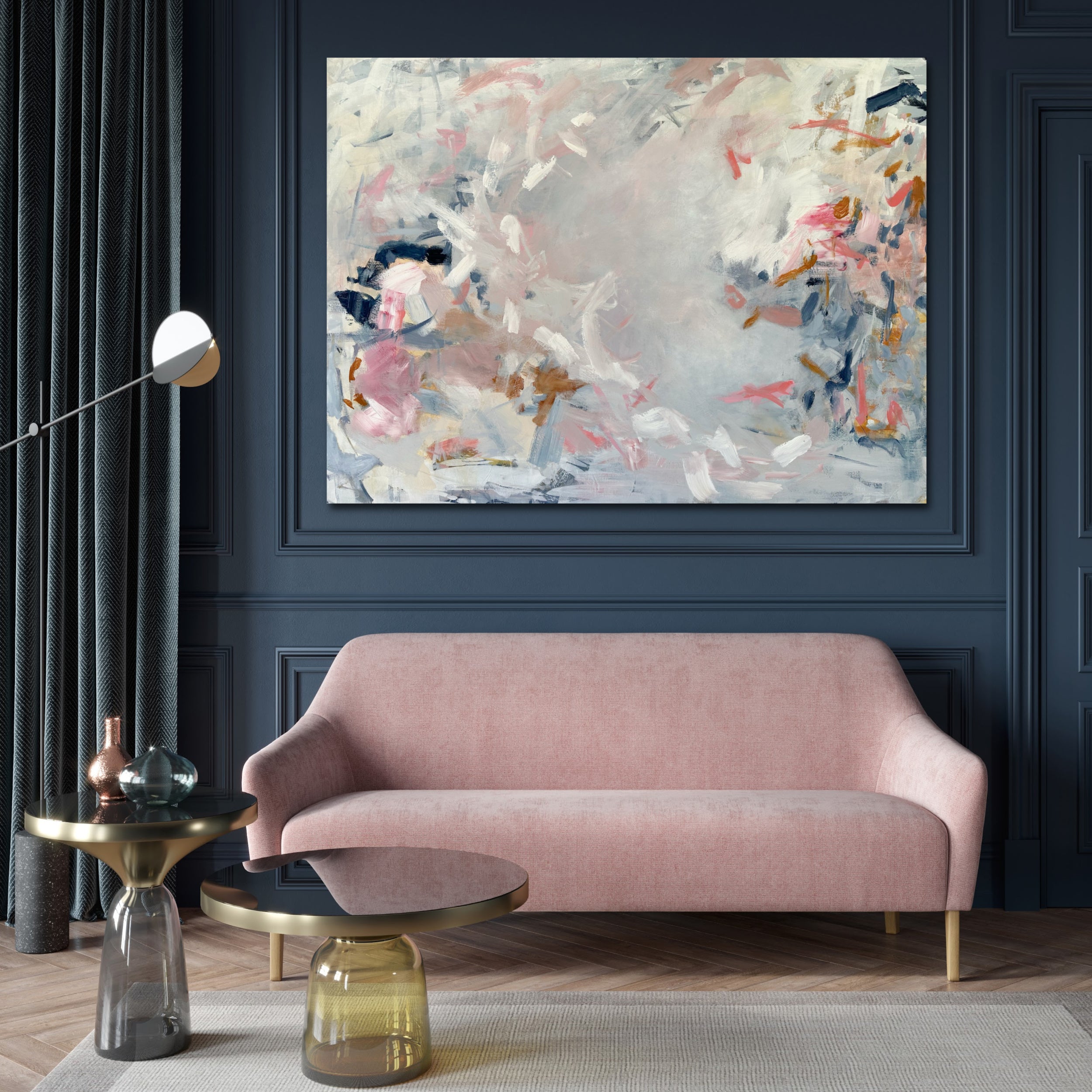 Abstract expressionist painting "The Enchanting" in blue, pink, grey and white hanging above lounge in a classic yet contemporary style interior space with a luxury feel - home interior