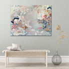 Elegant abstract painting on stretched canvas hanging on wall of neutral modern interior