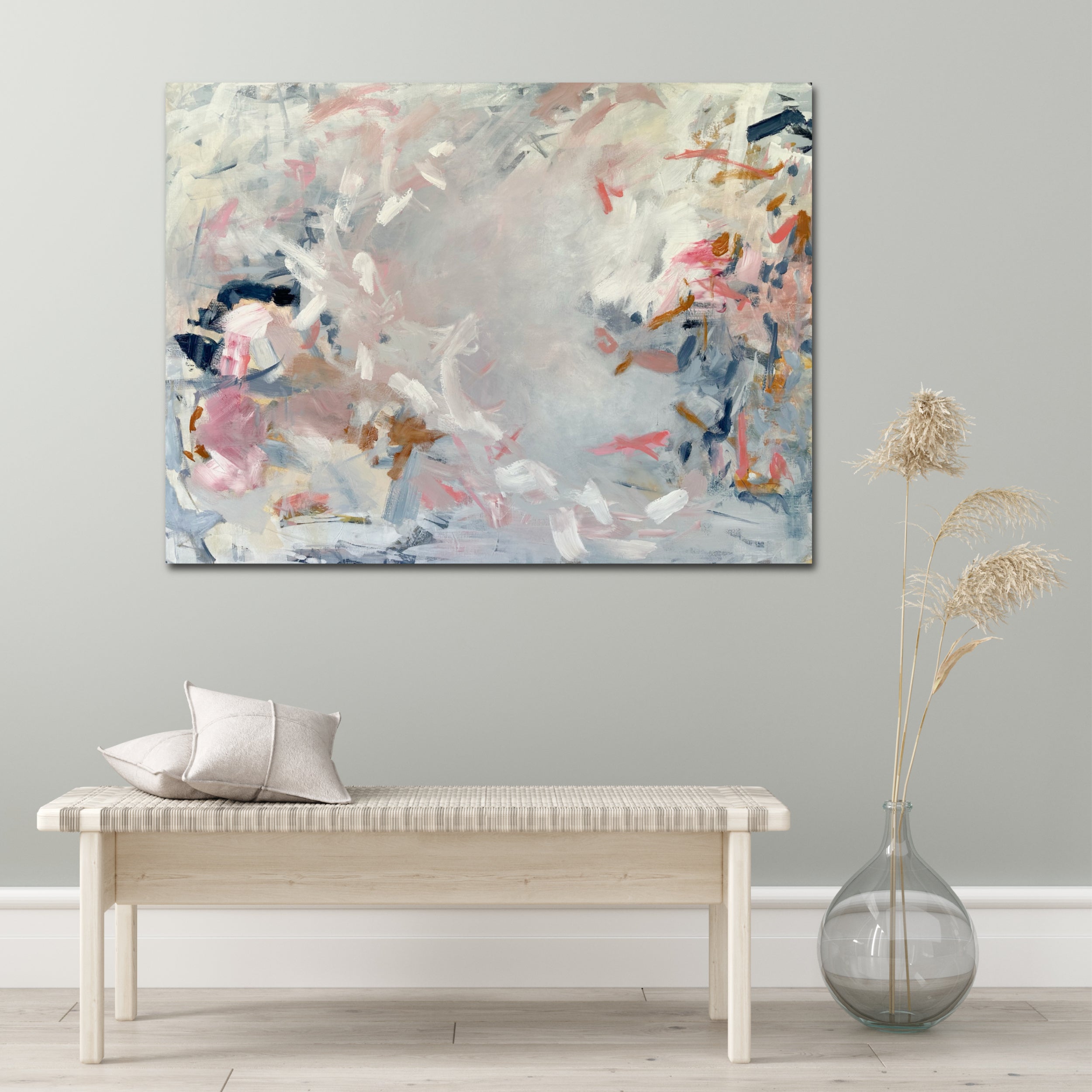Elegant abstract painting on stretched canvas hanging on wall of neutral modern interior