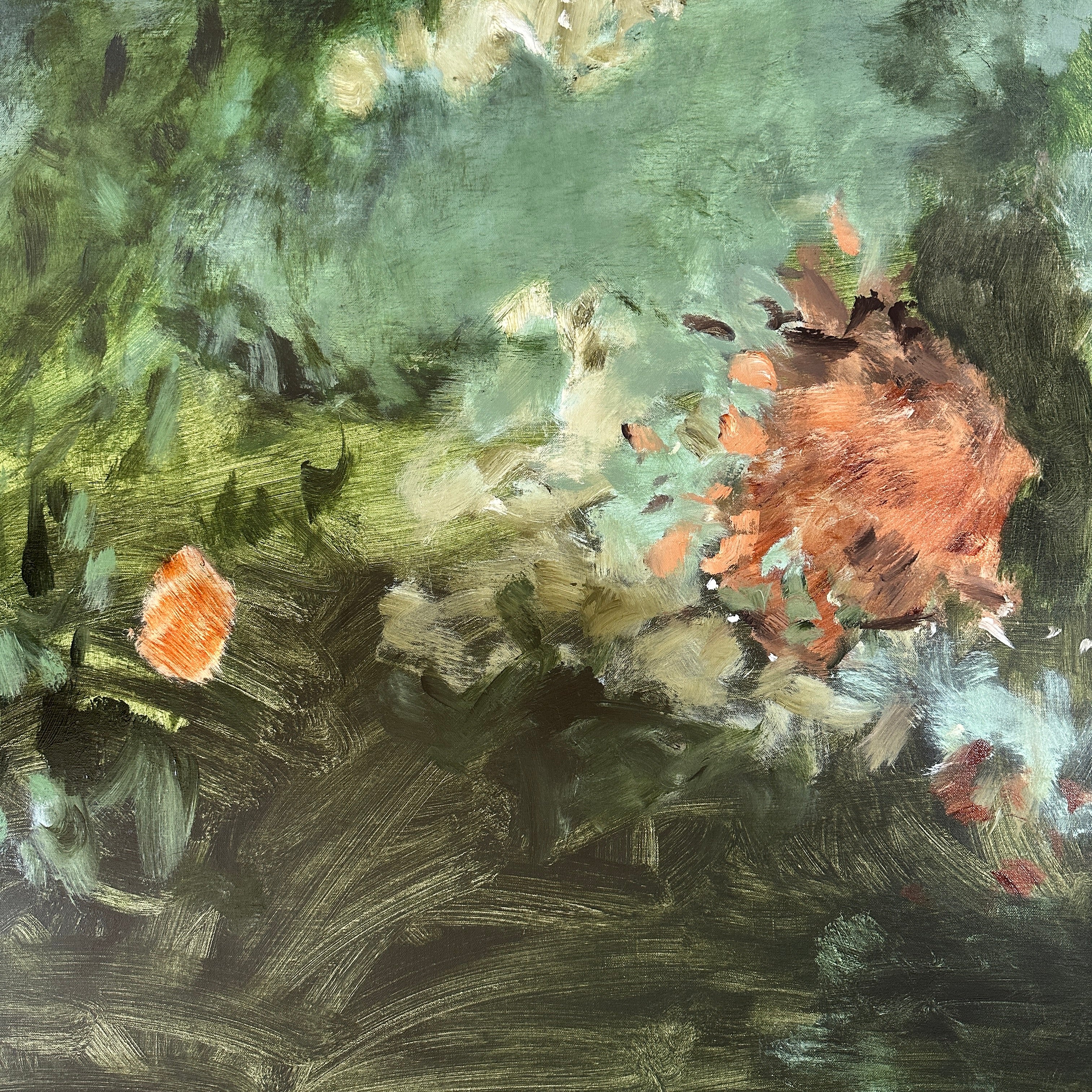 Close up detail of abstract painting with gestural mark making