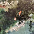 Close-up detail of expressive abstract painting in coral, green, blue and white colours