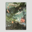 Nature inspired abstract painting with floral motif in green, brown and white 