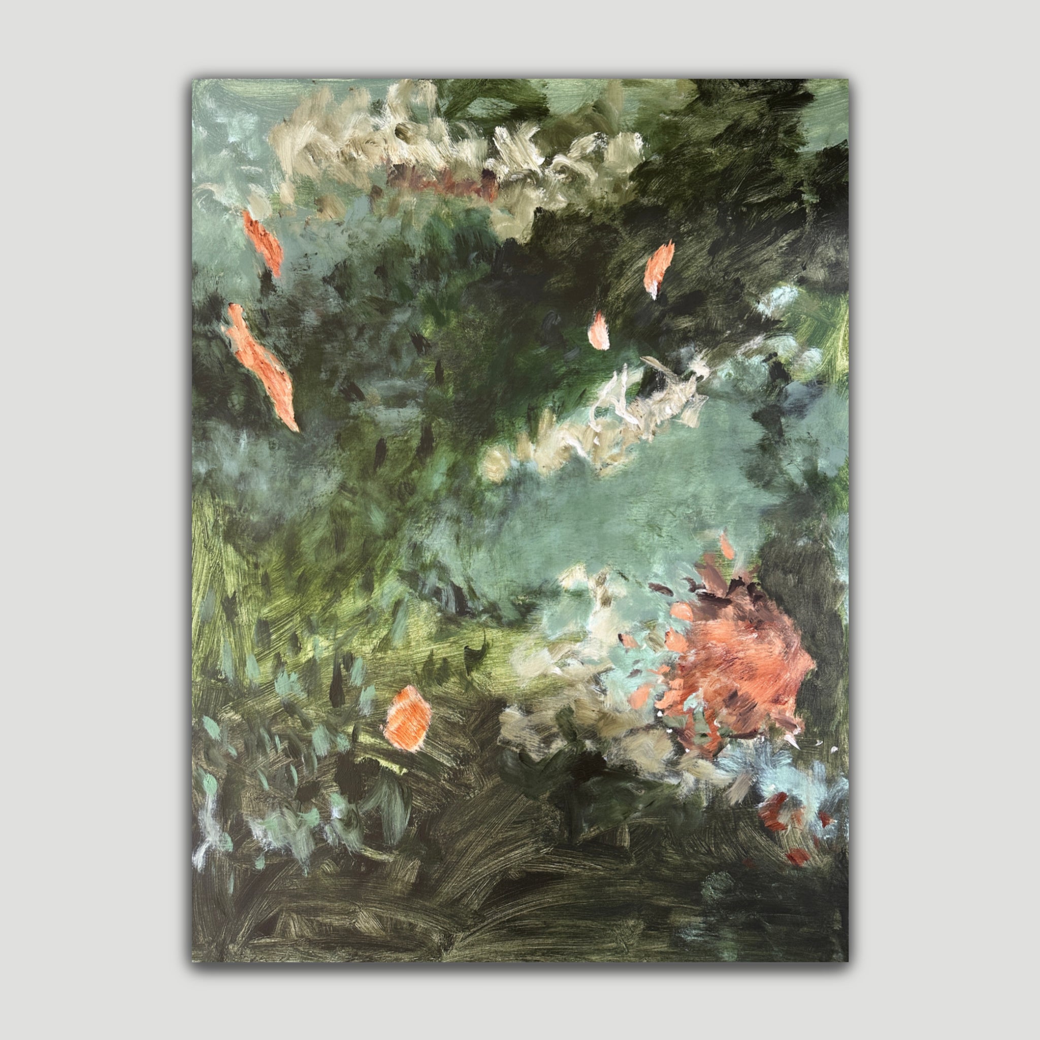Nature inspired abstract painting with floral motif in green, brown and white 