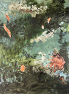 Abstract painting with a mix of green, brown, coral, blue and white colours