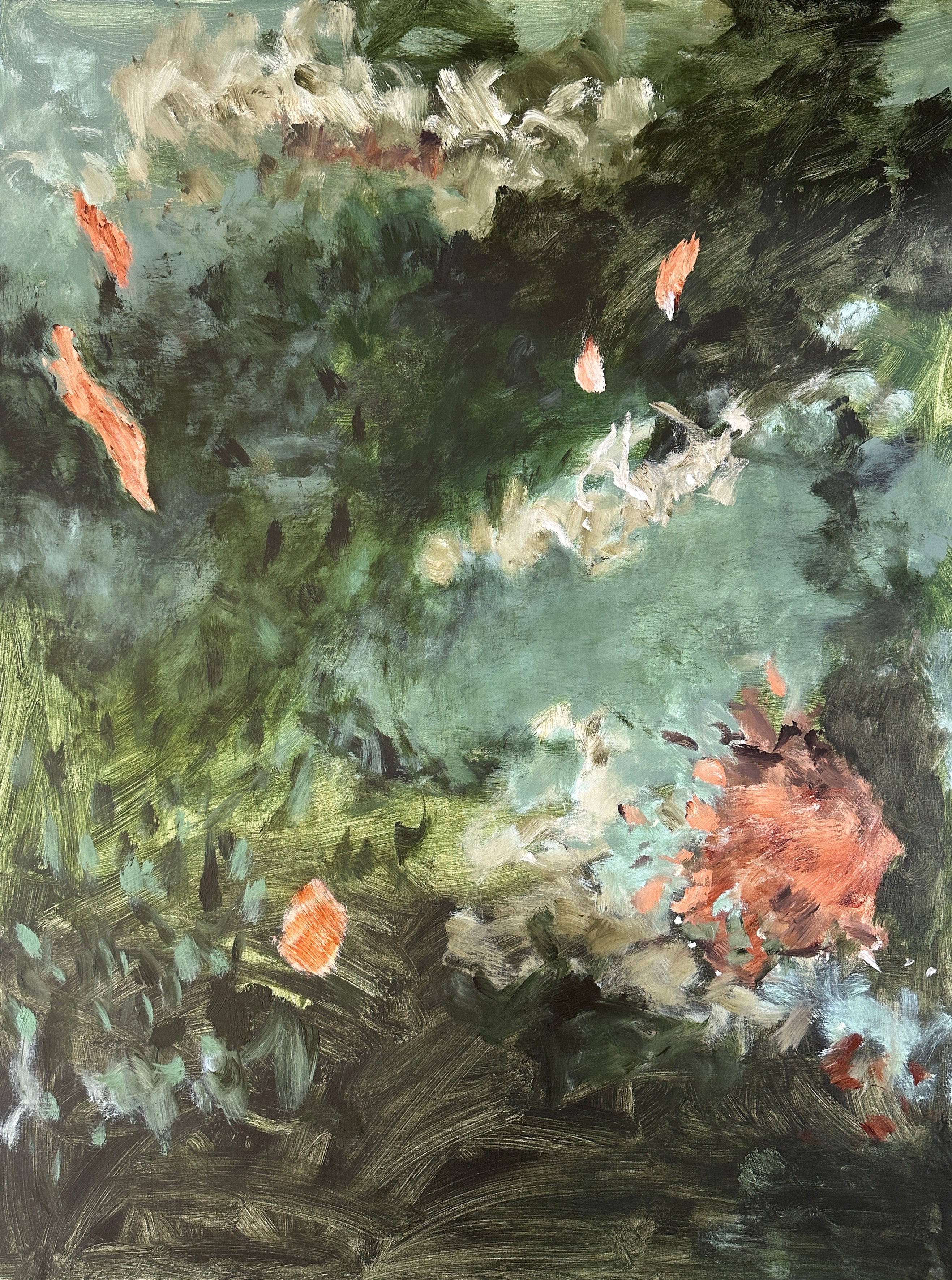 Abstract painting with a mix of green, brown, coral, blue and white colours