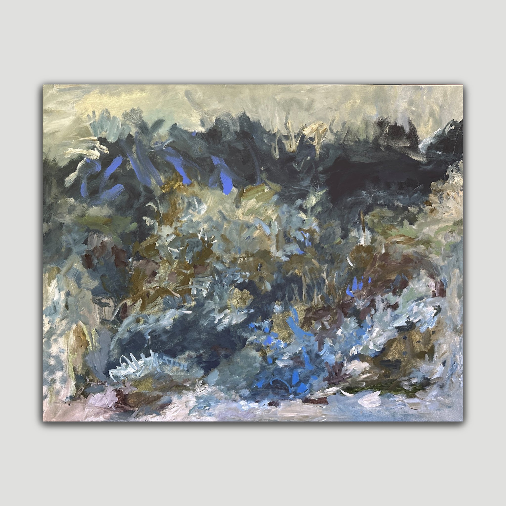 Expressive abstract painting in shades of blue, green, brown and white