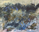 Abstract landscape painting depicting nature through expressive brushstrokes in navy blue, olive green, brown and white