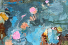 Abstract landscape painting of field of flowers with gestural brushstrokes and mark-making – cropped front view