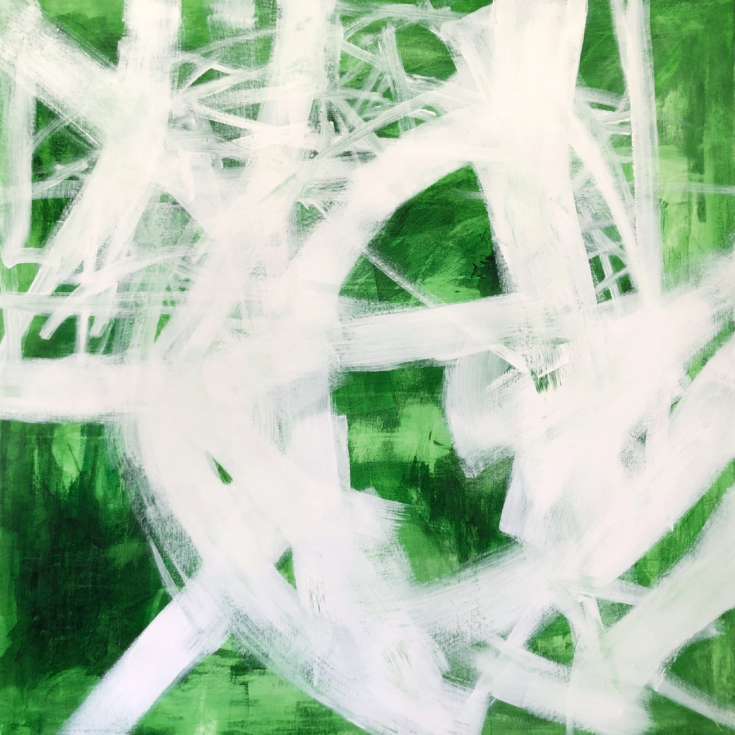 Green abstract painting with random white lines encouraging strength and resilience - cropped front view