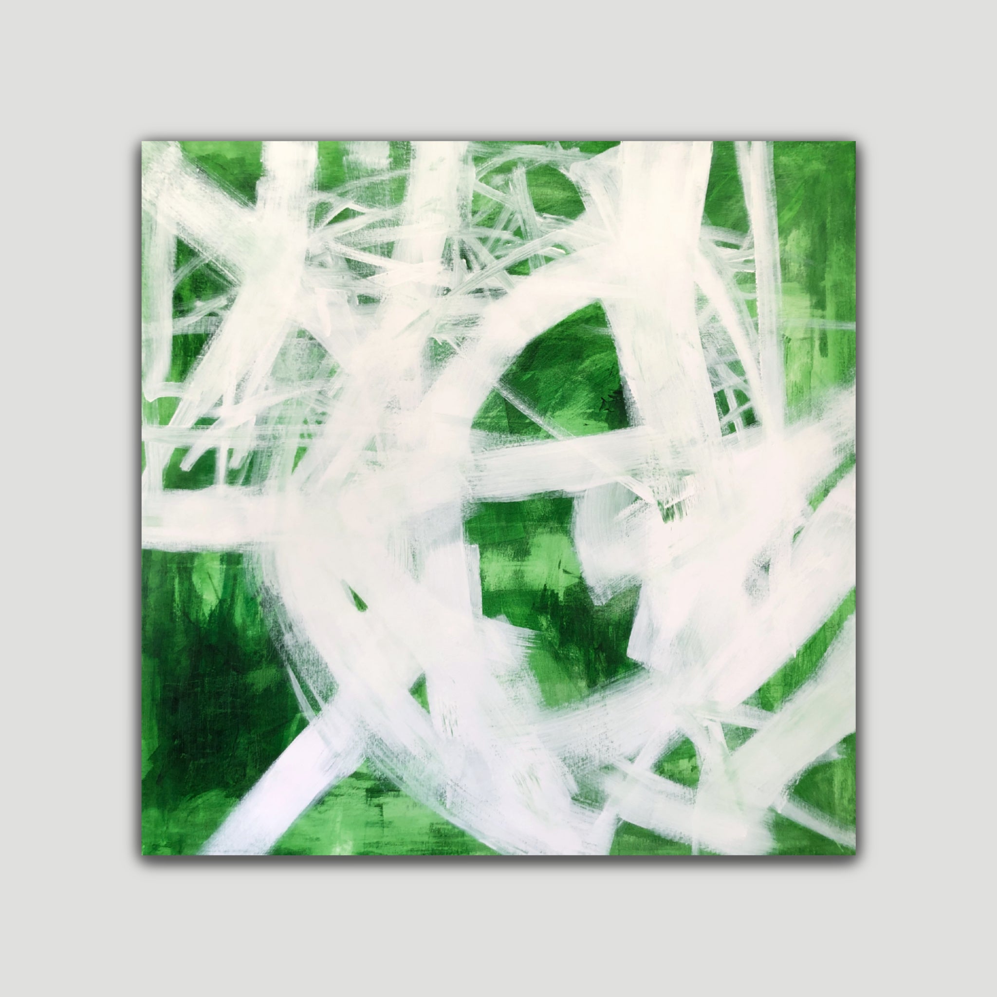 Bold abstract painting "There Lies The Courage" in green and white with organic lines evoking bravery and motivation - front view