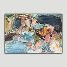 Large abstract expressionist painting alluding to landscape, in dark blue and other bright, vibrant colours 