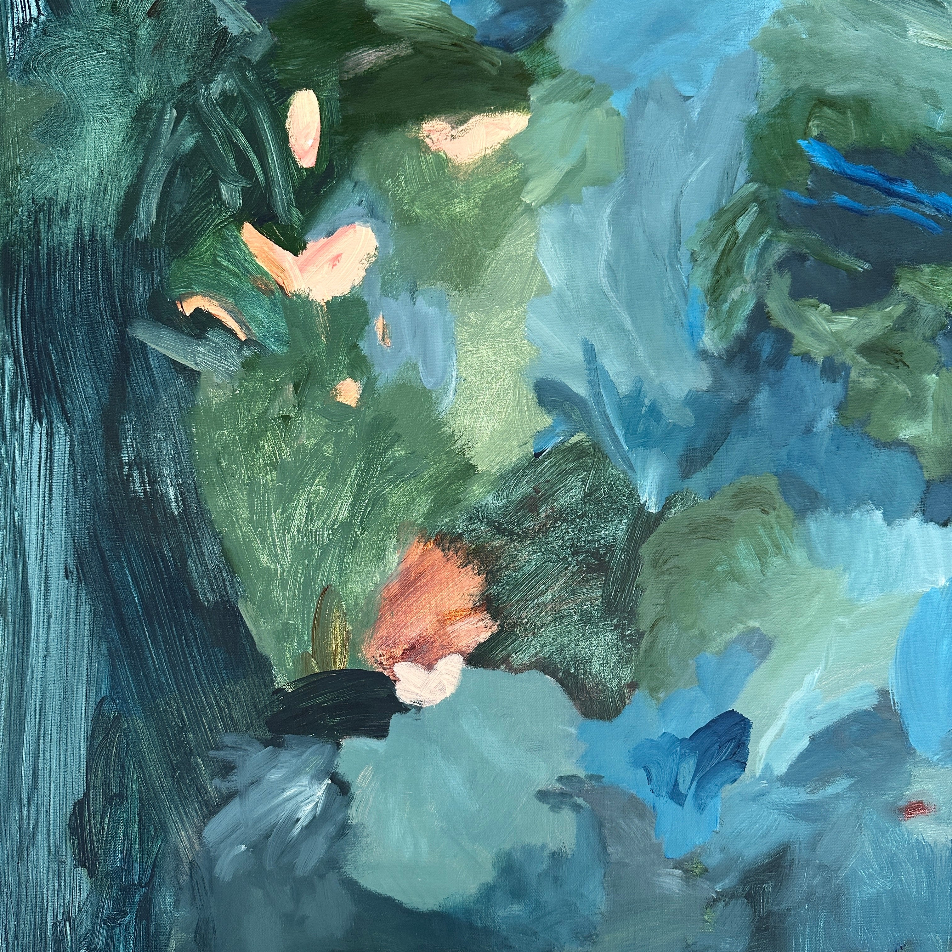 Close-up detail of "Together Here, We Call It Home" by Kylie Sams showing textured brushwork in soft blues and greens. 
