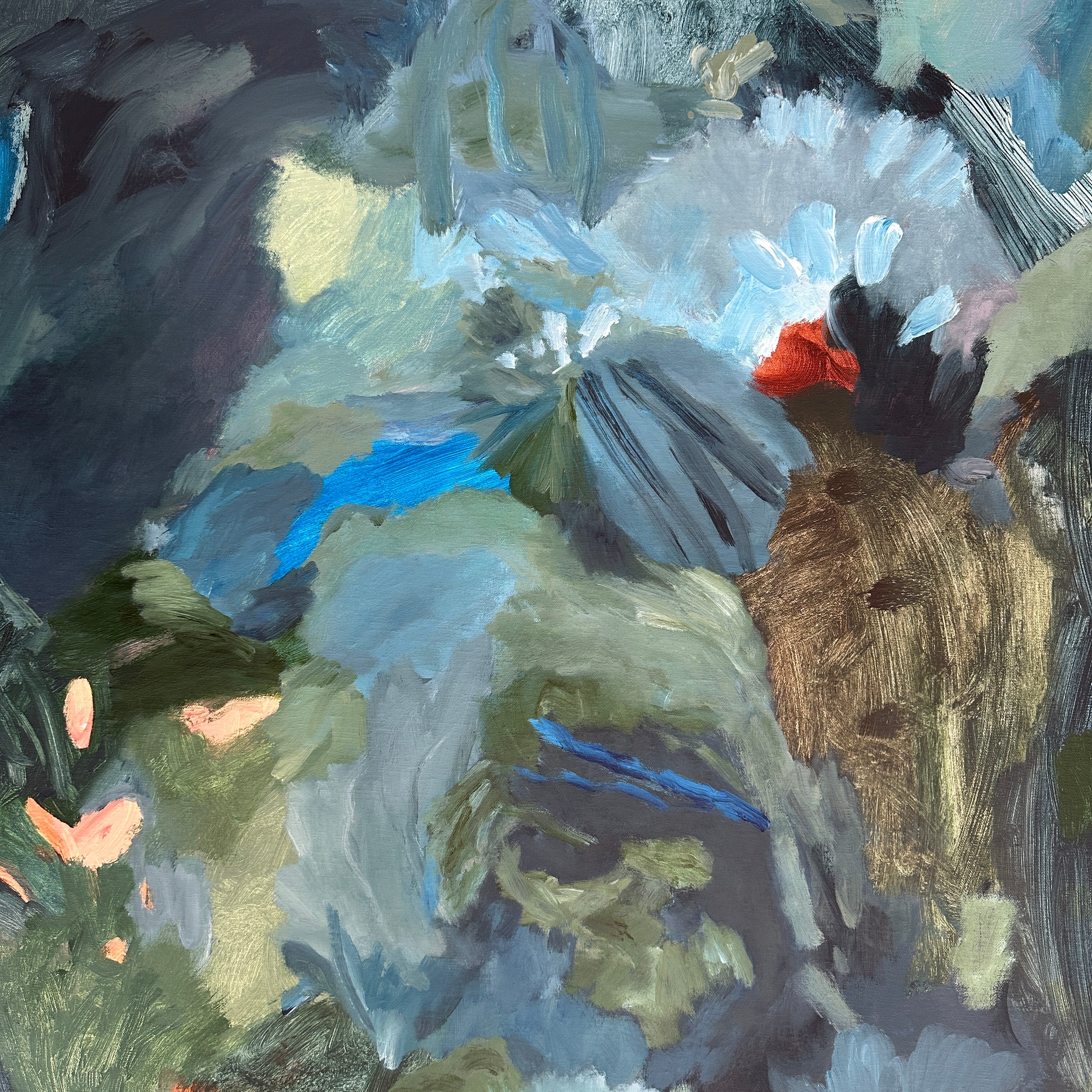 Close-up detail of abstract landscape painting where the colour and movement reveal emotional depth.