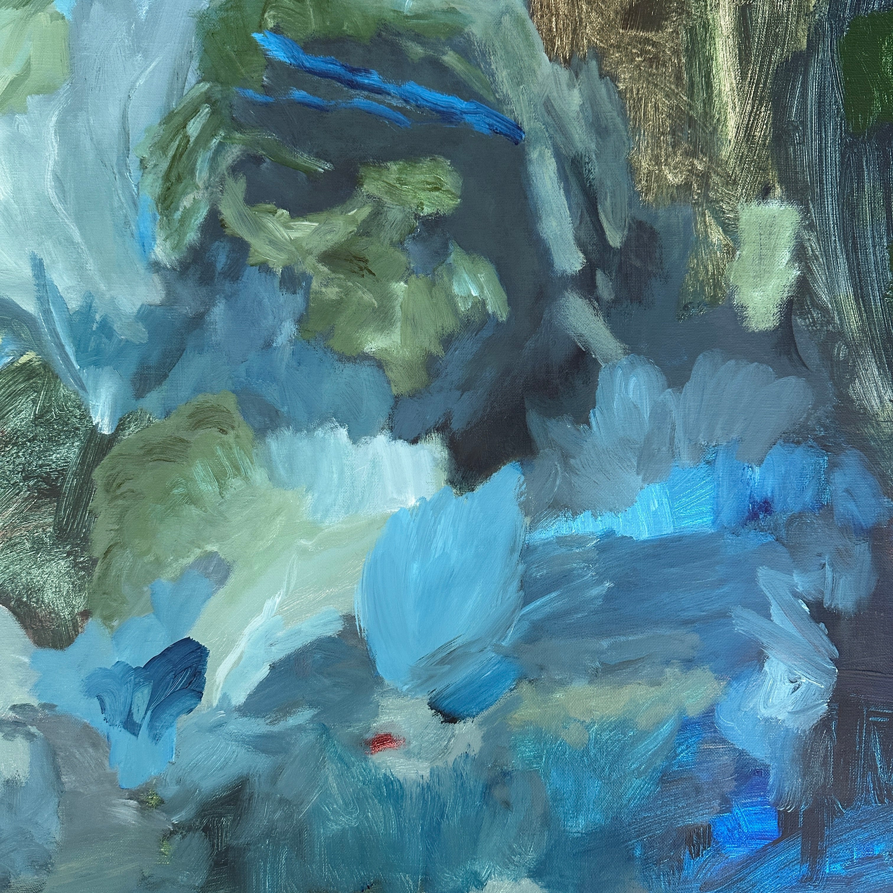 Close-up detail of contemporary abstract painting with layered gestural brushstrokes in blue and green that evoke a feeling of calm energy