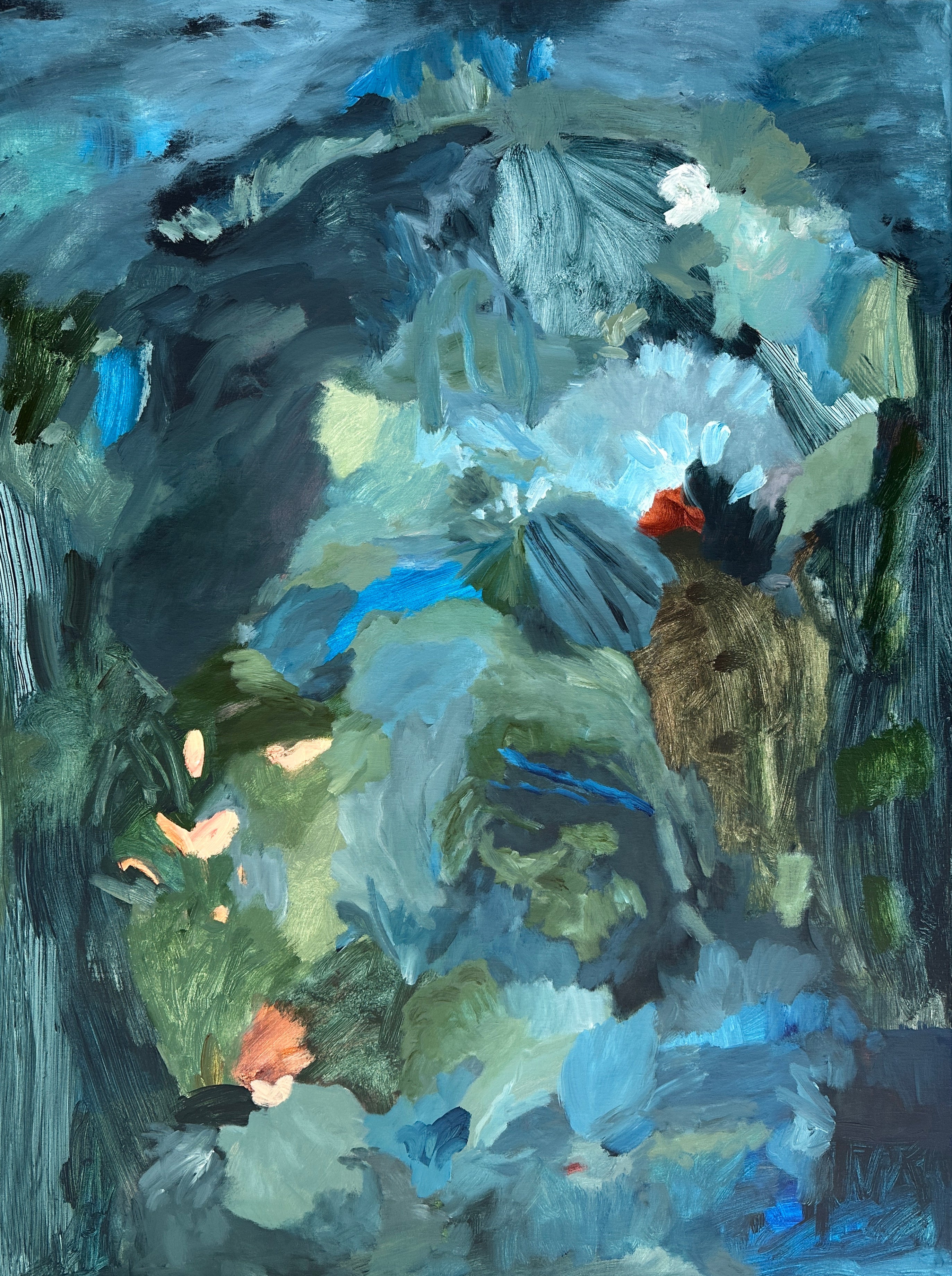 Original contemporary painting of serene forest landscape in blue and green