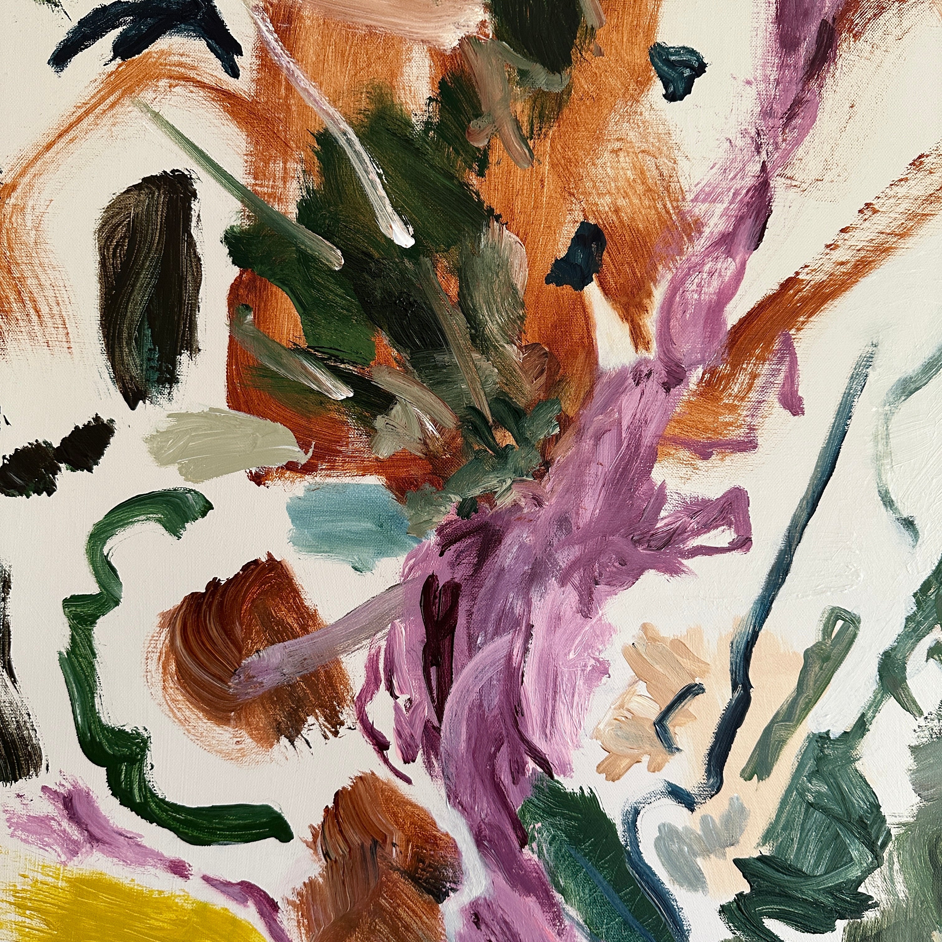 Close-up detail of fun, abstract painting on canvas with colourful brushwork gestures on neutral background 