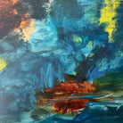 Where The Shadows Play - Close-up detail of contemporary abstract painting on canvas with a mix of dark blue, green, brown, and yellow colours 
