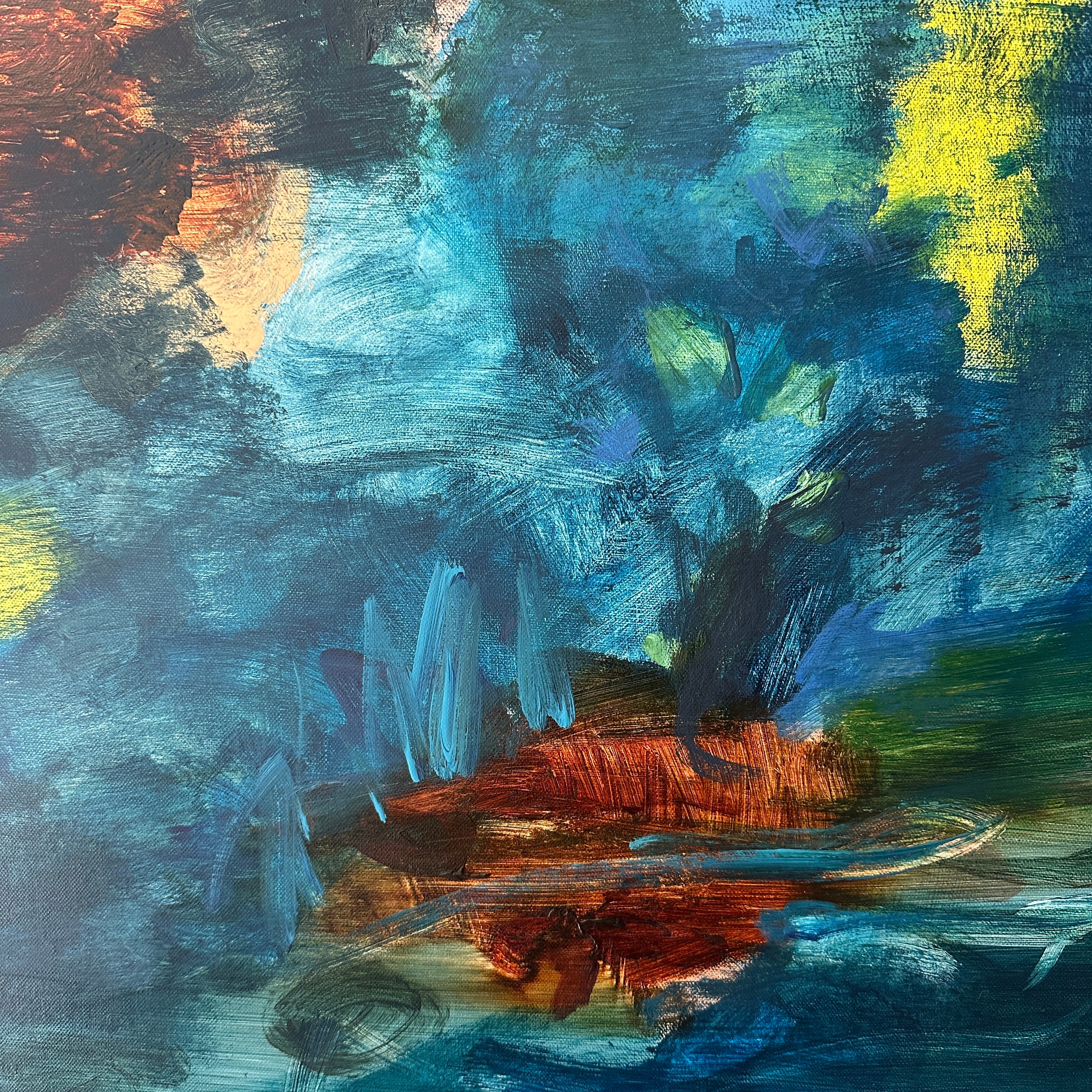 Where The Shadows Play - Close-up detail of contemporary abstract painting on canvas with a mix of dark blue, green, brown, and yellow colours 