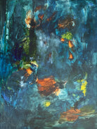 Where The Shadows Play - Moody abstract artwork with expressive brushstrokes in dark blue, with accents in brown, green and yellow – cropped front view