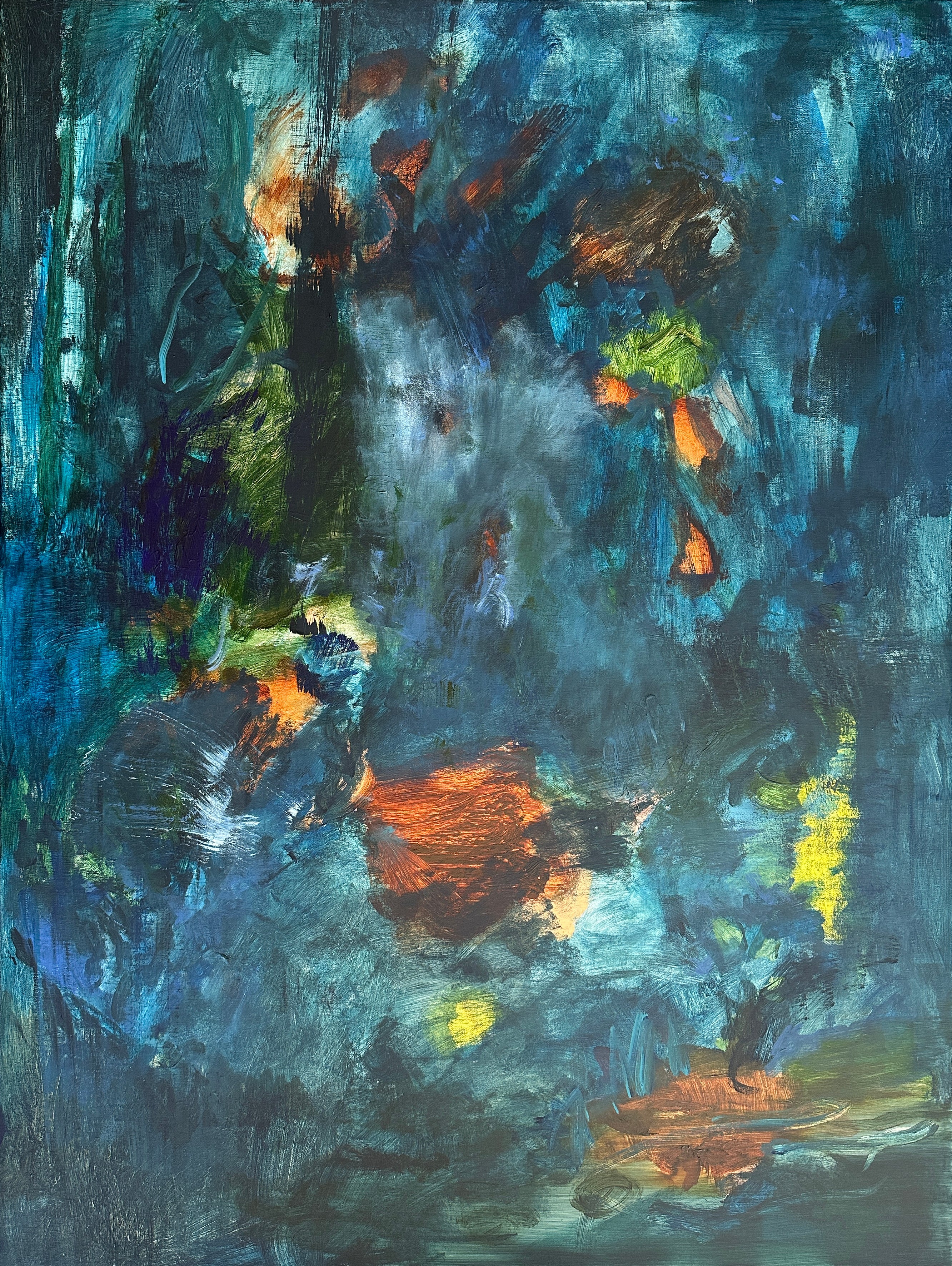 Where The Shadows Play - Moody abstract artwork with expressive brushstrokes in dark blue, with accents in brown, green and yellow – cropped front view
