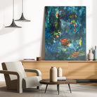 Where The Shadows Play - Contemporary dark blue abstract painting on top of low console unit leaning on wall in contemporary living room