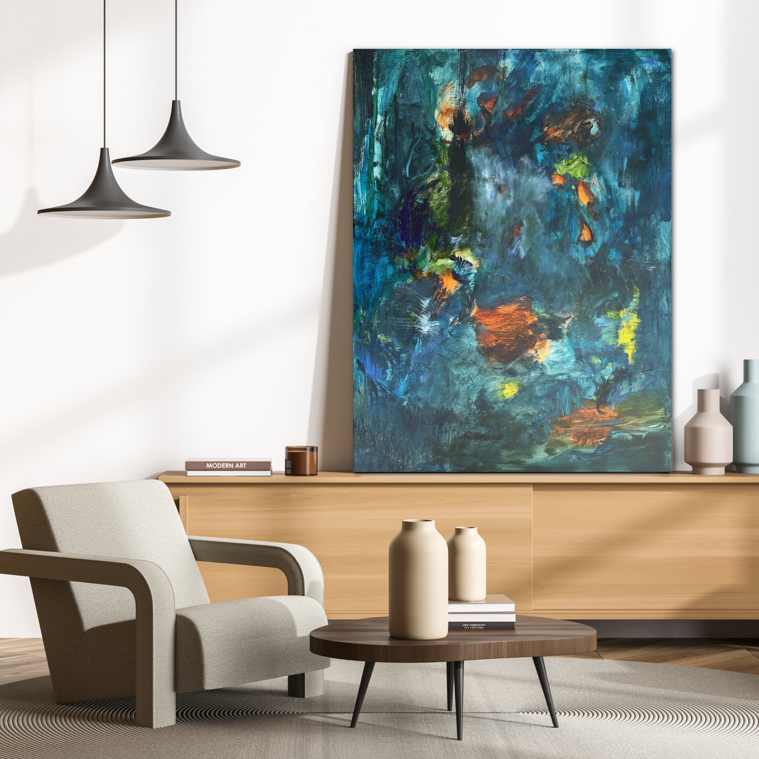 Where The Shadows Play - Contemporary dark blue abstract painting on top of low console unit leaning on wall in contemporary living room