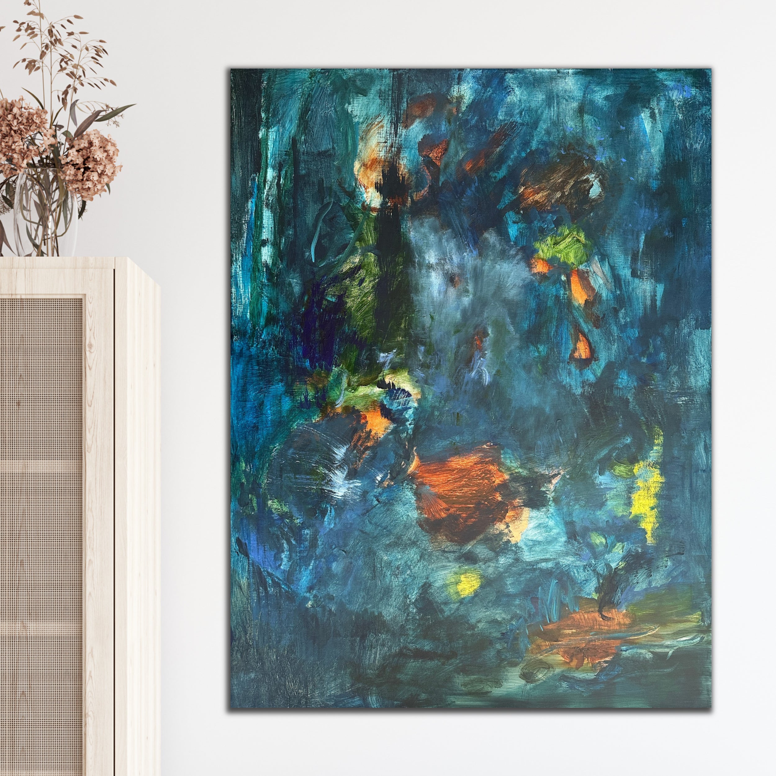 Where The Shadows Play - Abstract expressionist painting in dark blue, green, brown and yellow with gestural brushstrokes and mark-making hanging in neutral, interior with natural furnishings
