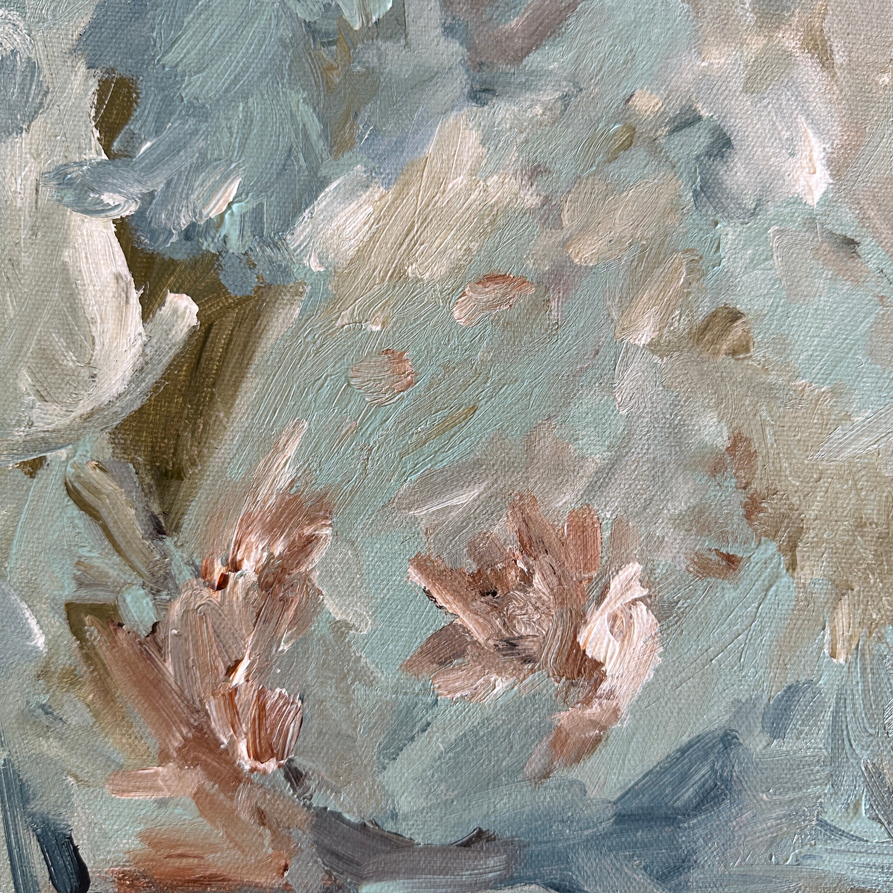 Close-up detail of expressive abstract painting on canvas in light blue, white, beige, brown and olive green