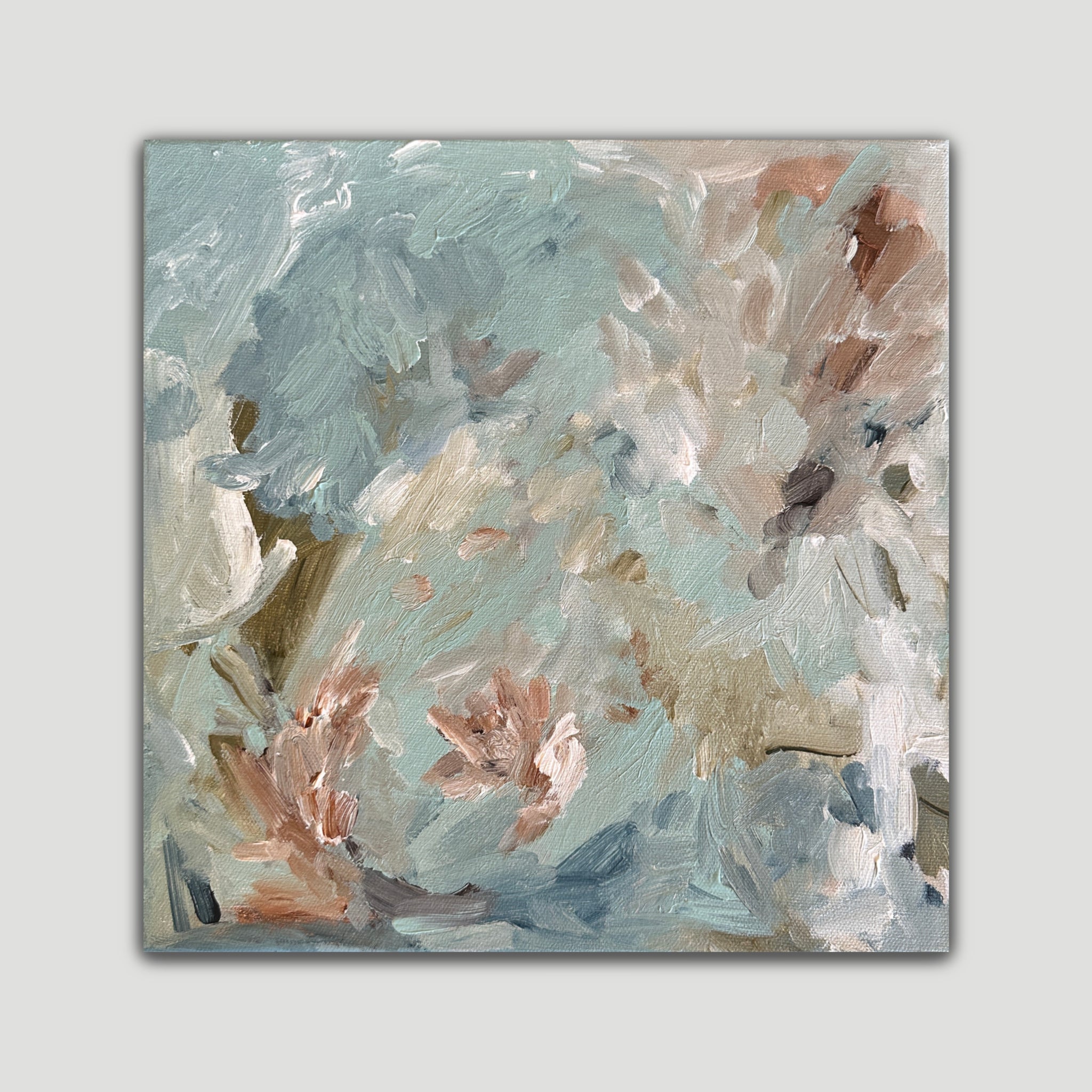 Gestural abstract painting 'Whispers in Bloom" inspired by nature and flowers  in soft blue, green, beige, white and brown - front view