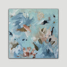 Gestural abstract painting “Whispers in Bloom" inspired by nature and flowers  in soft blue, green, beige, white and brown - front view