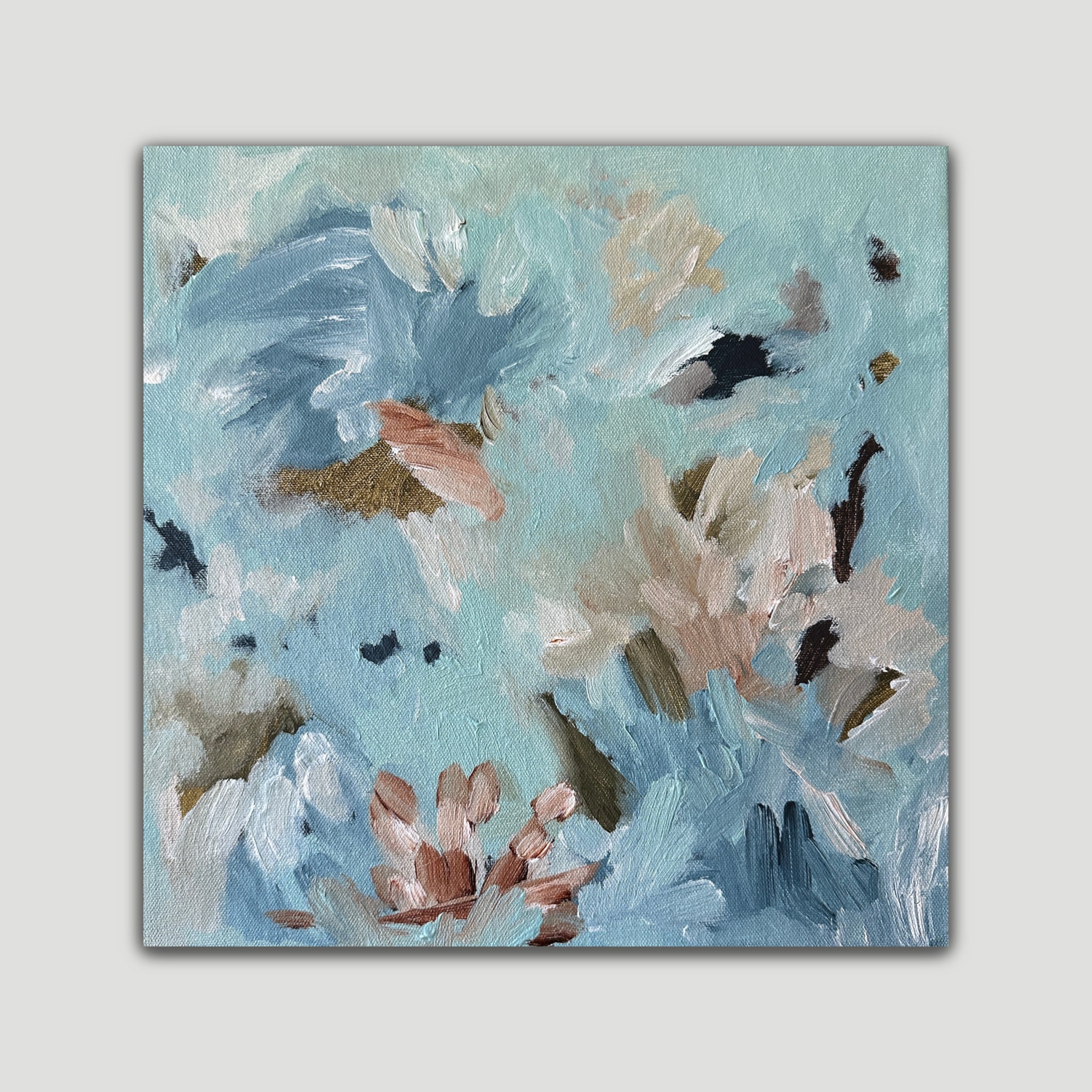 Gestural abstract painting “Whispers in Bloom" inspired by nature and flowers  in soft blue, green, beige, white and brown - front view