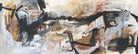 Contemporary abstract painting inspired by the country and travel, in neutral colours of black, brown, grey, beige and white  - cropped front view