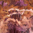 Close up details of brush work and mark-making of an abstract expressionist painting in warm tones of burgundy, maroon, blush pink and brown shades. 