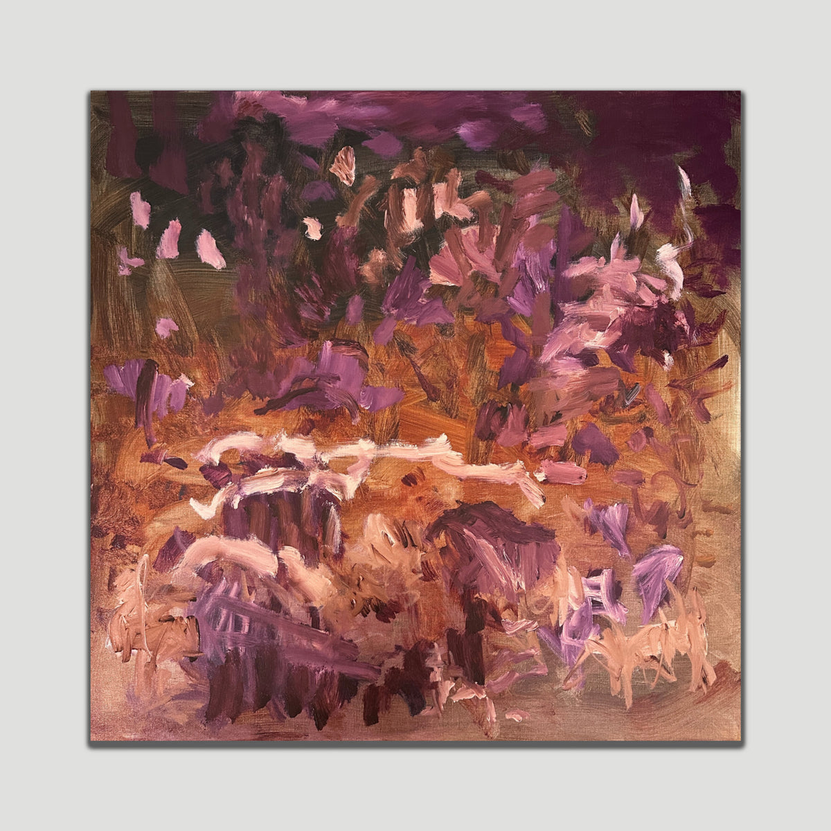 Contemporary abstract painting on canvas Wine and Roses by Kylie Sams in expressive style in shades of burgundy, brown and blush pink. 