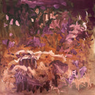 An abstract expressionist painting with gestural brush strokes and mark-making in burgundy, maroon, brown and blush pink.