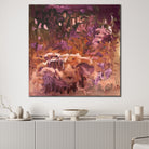 An abstract wall art canvas in burgundy, maroon, rose and blush pink and brown shades hanging on wall in modern white interior space. 
