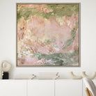 Expressive, large abstract painting in wooden frame hanging in modern, white interior 