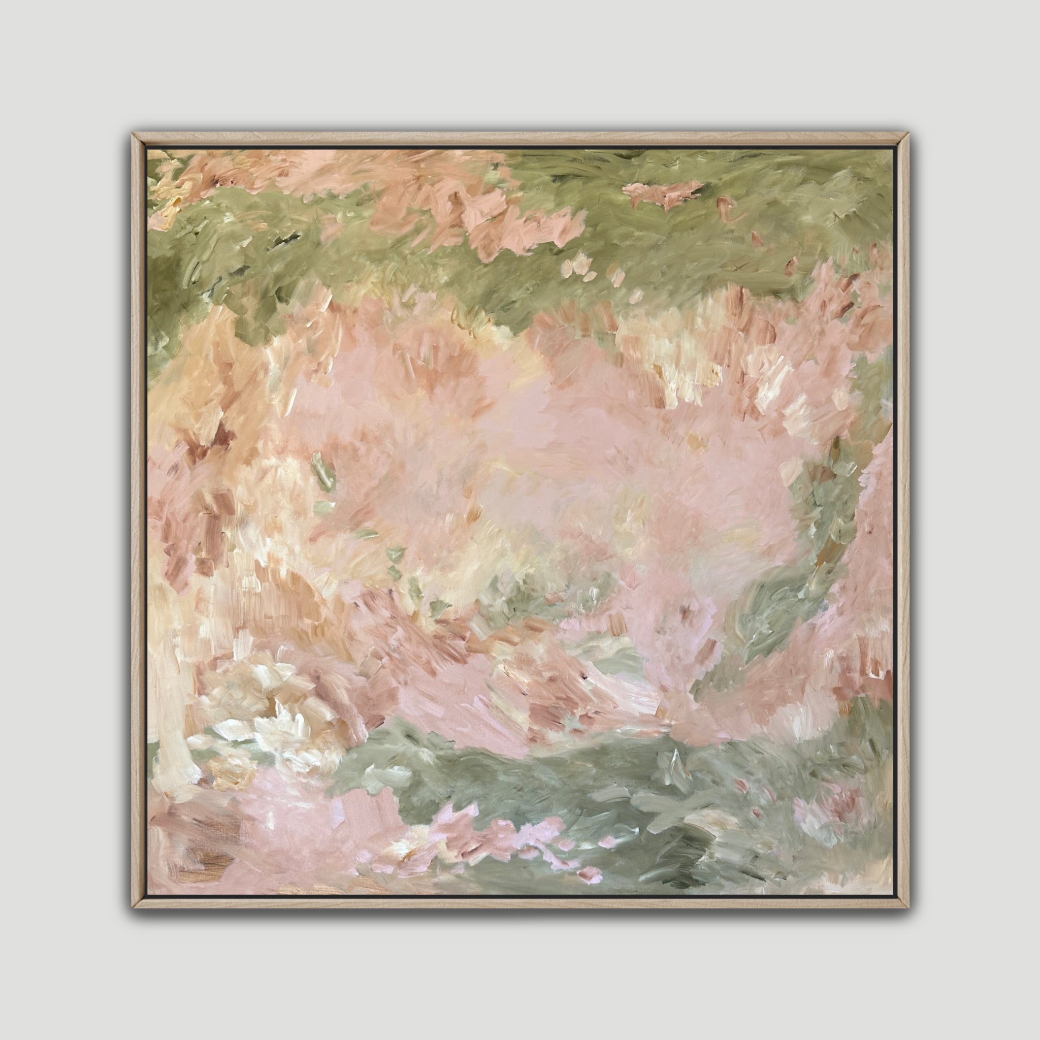 Gestural abstract expressionist painting in soothing pastel colours with timber frame - front view