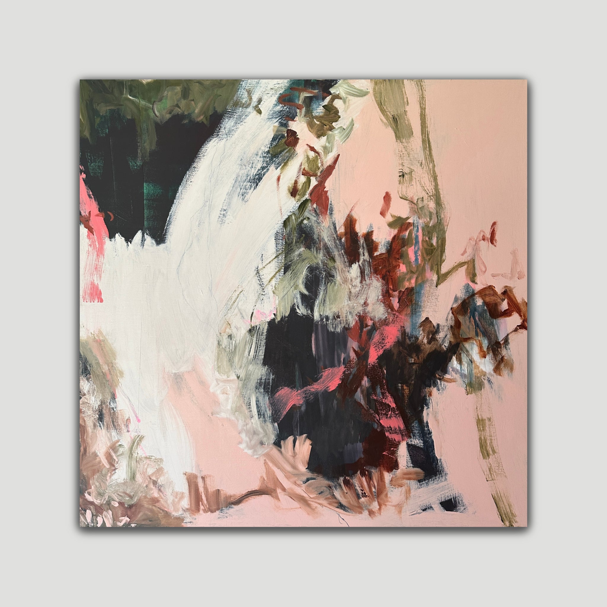 Square, contemporary abstract painting in green, black, white and pink - front view